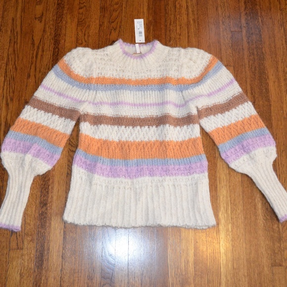 NWT REBECCA TAYLOR PUFFY SLEEVE ALPACA WOOL FLUFFY STRIPE SWEATER $395